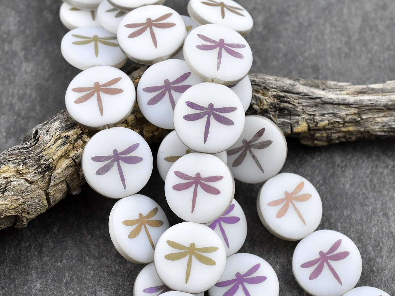 *8* 16mm Alabaster Sliperit Laser Tattoo Dragonfly Coin Beads